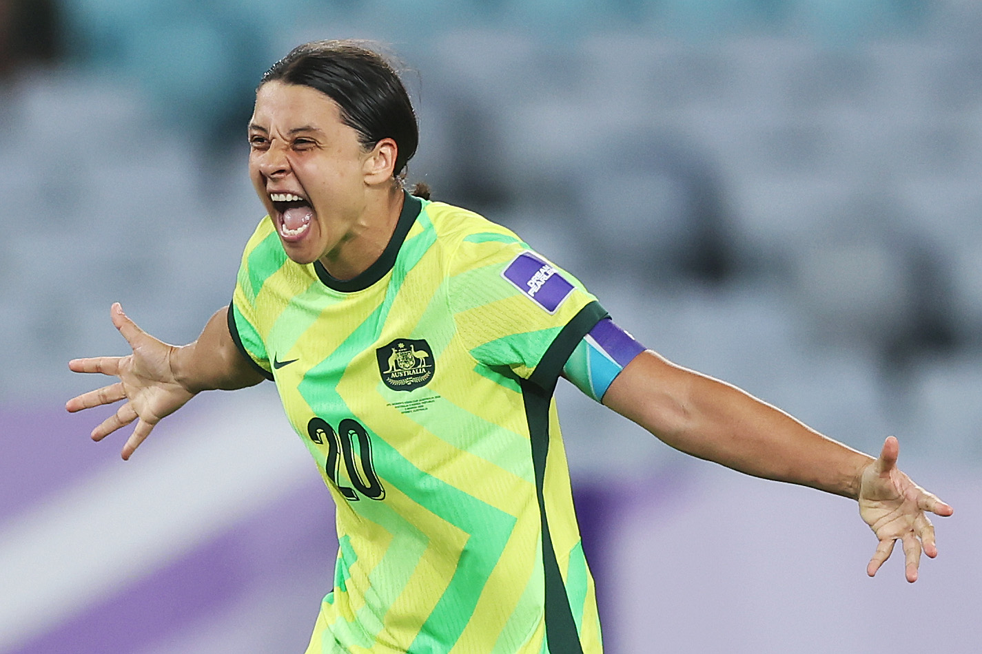 SYDNEY, AUSTRALIA - MARCH 08: Sam Kerr of Australia celebrates scoring a goal during the AFC Women's Asian Cup Australia 2026 match between Australia Matildas and Korea Republic at Stadium Australia on March 08, 2026 in Sydney, Australia. 