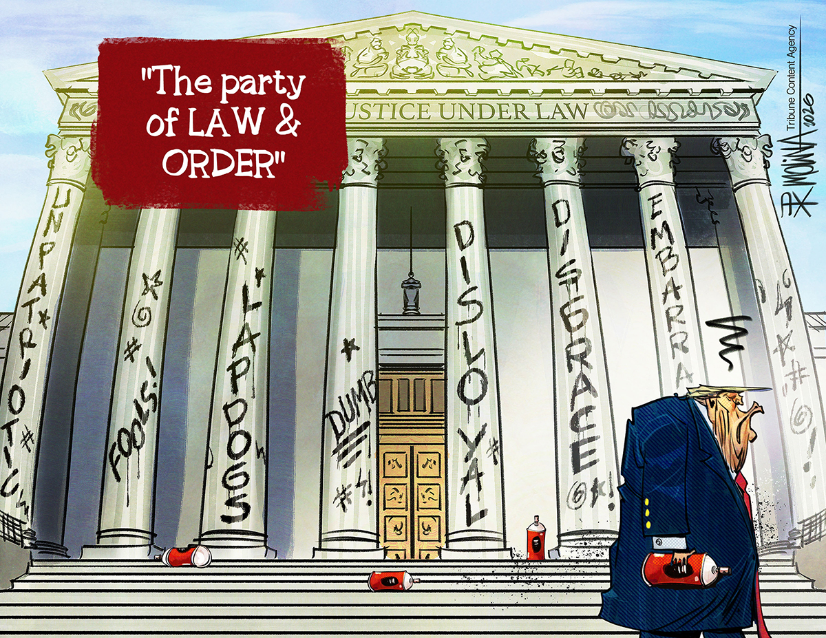 This cartoon is titled &amp;ldquo;The Party of Law and Order&amp;rdquo; and is set outside the Supreme Court building. Donald Trump looks angry and holds a can of spray paint. Trump&amp;rsquo;s used the paint to deface the columns on the building, where he&amp;rsquo;s written &amp;ldquo;Unpatriotic, Fools! Lapdogs, Disloyal, Disgrace, Embarrassing, (expletive).&amp;rdquo;