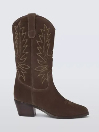 And/or Thorns Suede Embroidered Western Calf Boots, Chocolate