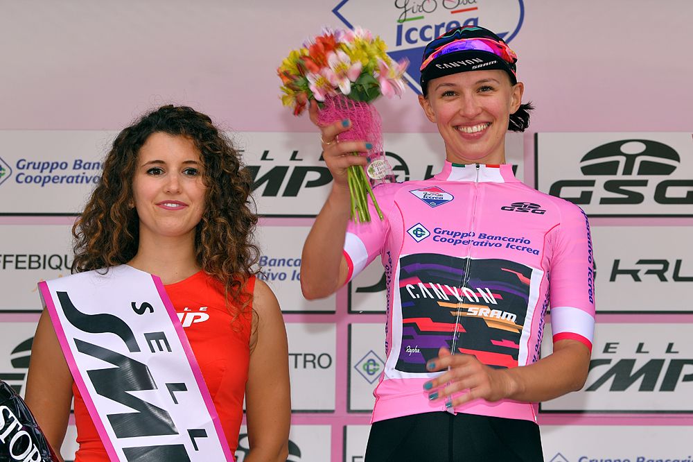 Kasia Niewiadoma (Canyon-Sram) in the pink leader's jersey - maglia rosa- at the Giro Rosa