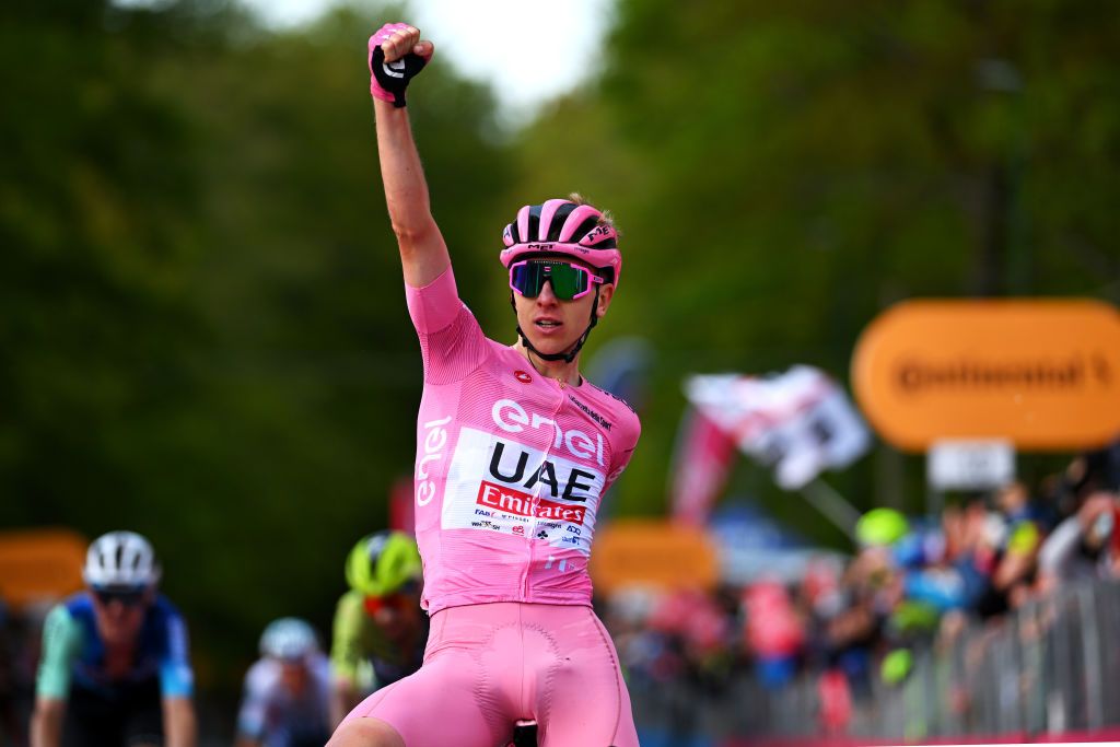 PRATI DI TIVO ITALY MAY 11 Tadej Pogacar of Slovenia and UAE Team Emirates Pink Leader Jersey celebrates at finish line as stage winner during the 107th Giro dItalia 2024 Stage 8 a 152km stage from Spoleto to Prati di Tivo 1451m UCIWT on May 11 2024 in Prati di Tivo Italy Photo by Dario BelingheriGetty Images
