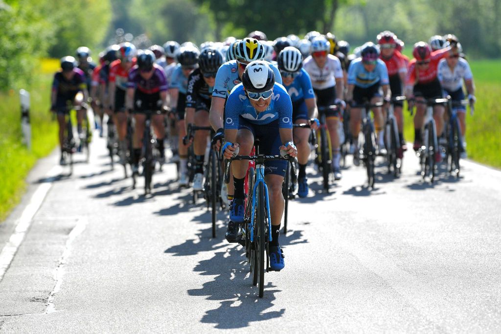 WEIMAR GERMANY MAY 29 Barbara Guarischi of Italy and Movistar Team leads The Peloton during the 34th Internationale LOTTO Thringen Ladies Tour 2021 Stage 5 a 1433km stage from Weimar to Weimar ltlt2021 lottothueringenladiestour womencycling on May 29 2021 in Weimar Germany Photo by Luc ClaessenGetty Images