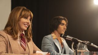 Ophelia Lovibond and Taylor Zakhar Perez giving a press conference in Minx