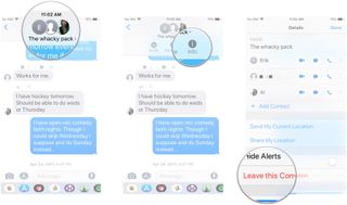 Leaving a group message in iMessage: Tap the contacts at the top, tap info, tap Leave this Conversation