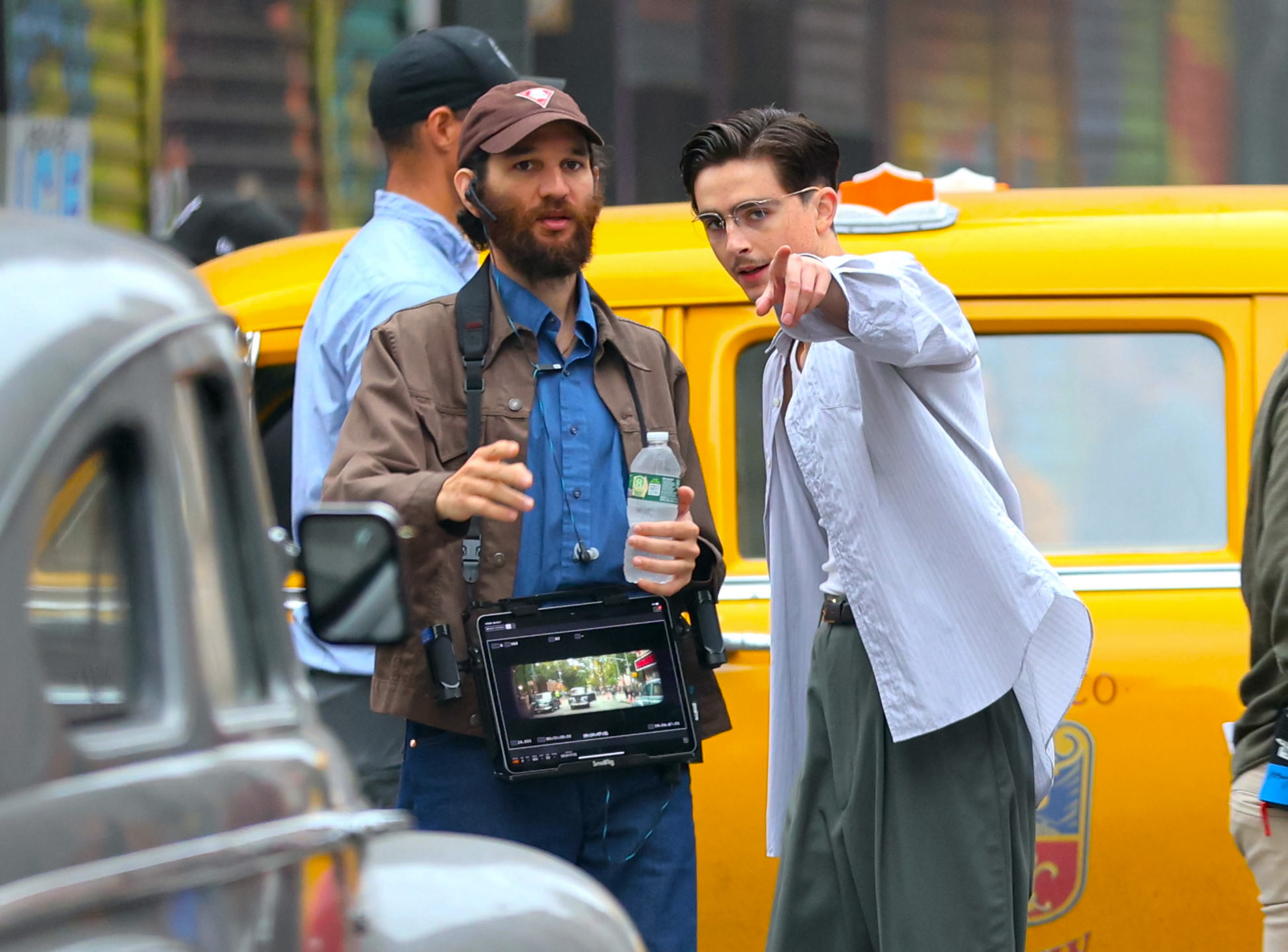 NEW YORK, NY - OCTOBER 07: Director Josh Safdie and Timoth&amp;eacute;e Chalamet are seen filming at the "Marty Supreme" set in Downtown, Manhattan on October 07, 2024 in New York City. (Photo by Jose Perez/Bauer-Griffin/GC Images)