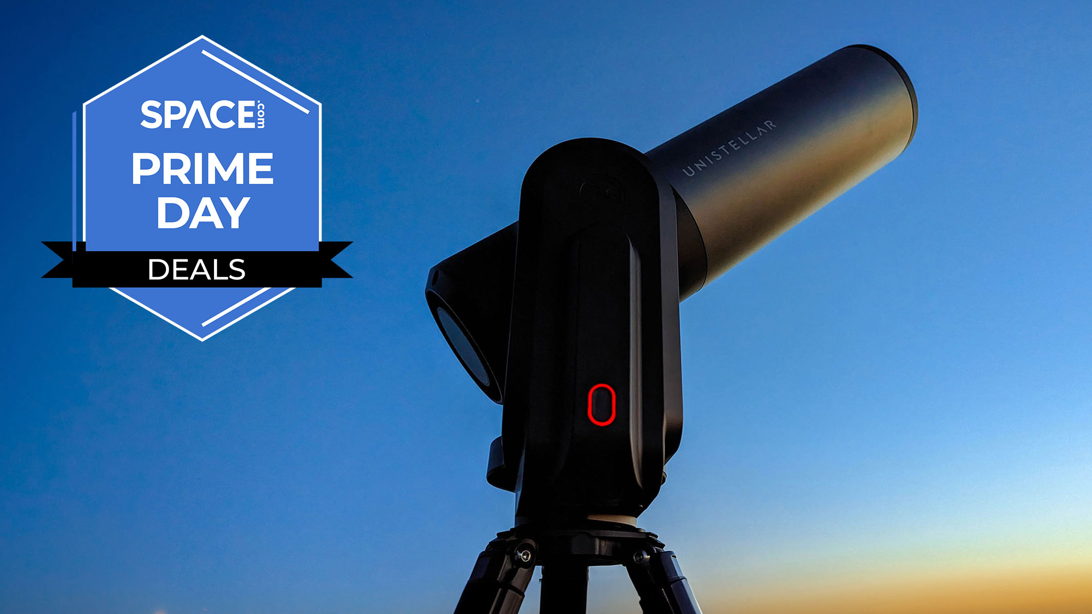The Unistellar eQuinox 2 smart telescope against a blue and orange sunset with a blue Space.com Prime Day badge in the upper-left corner.