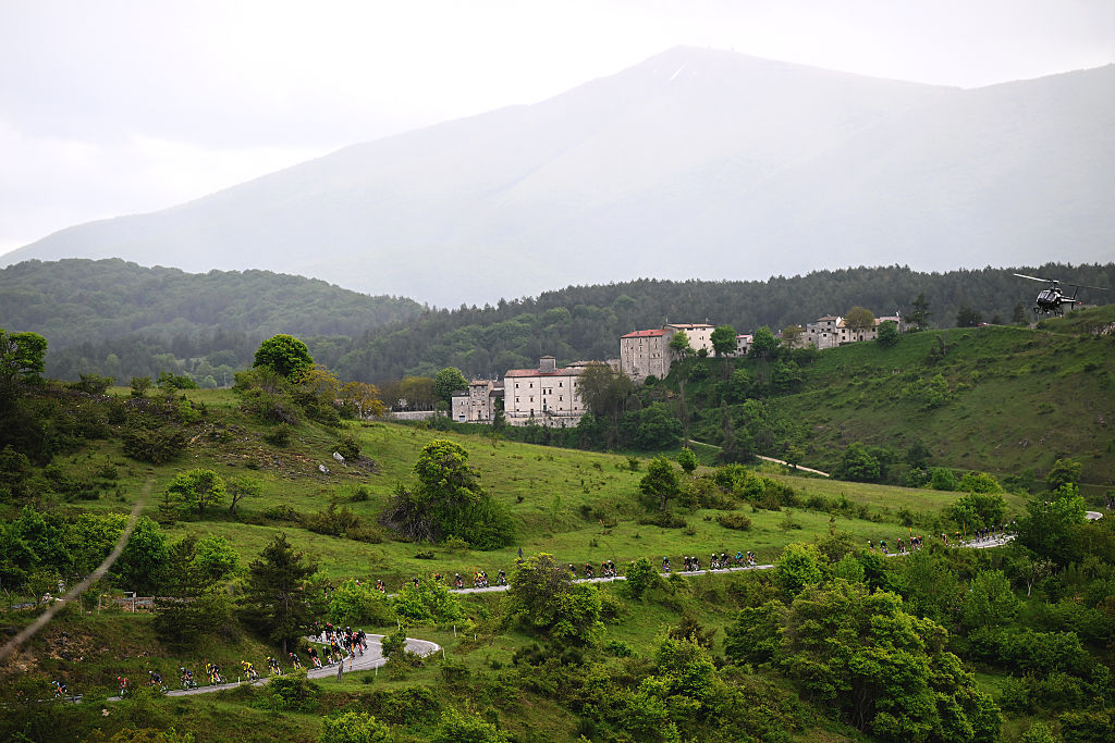 A general view of the peloton competing during the 109th Giro d'Italia 2026, Stage 7 a 244km stage from Formia to Blockhaus