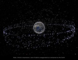 This graphic depicts the trackable objects, satellites and space junk, in orbit around Earth.