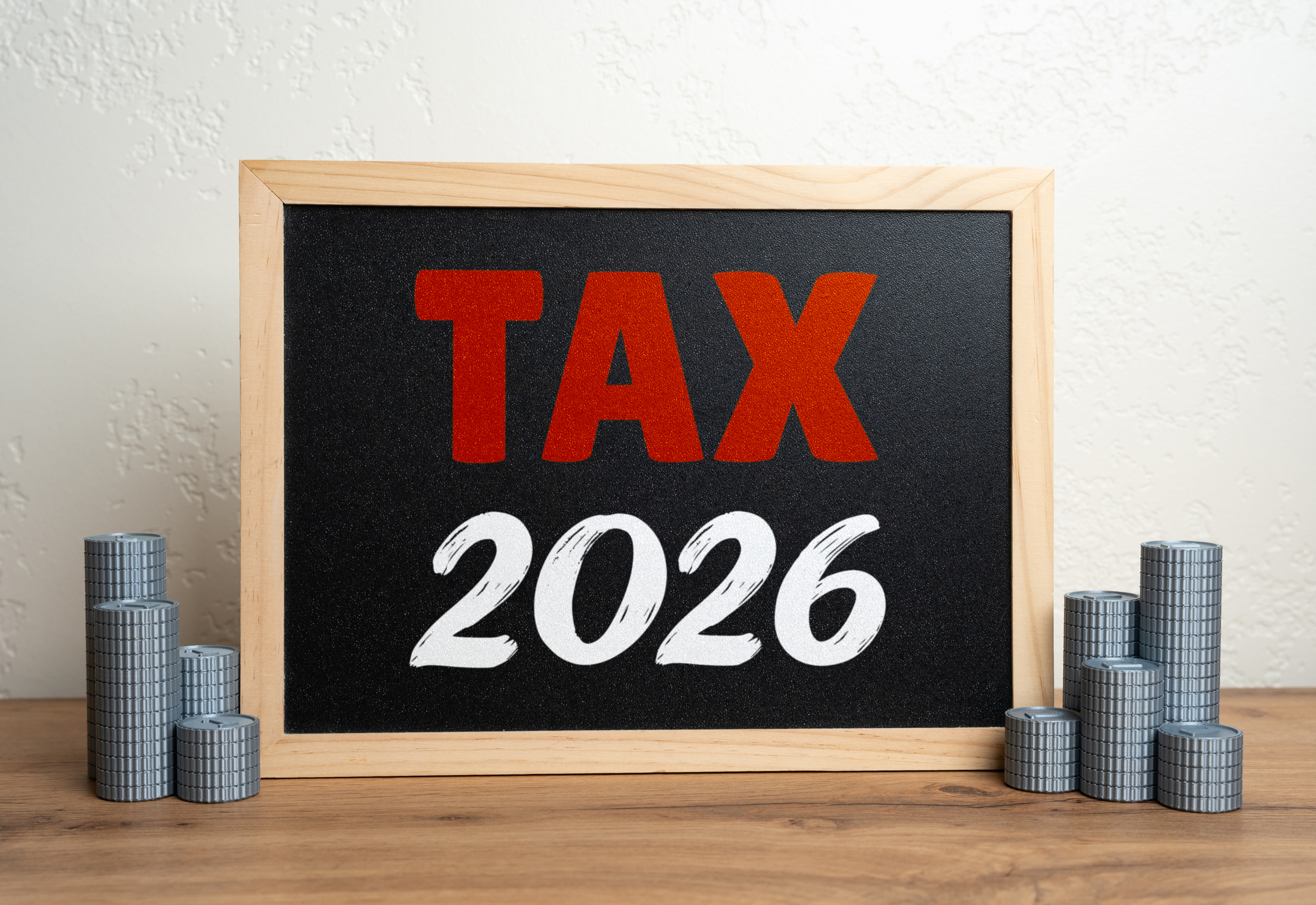 Tax 2026 on a small chalkboard flanked by stacks of silver coins
