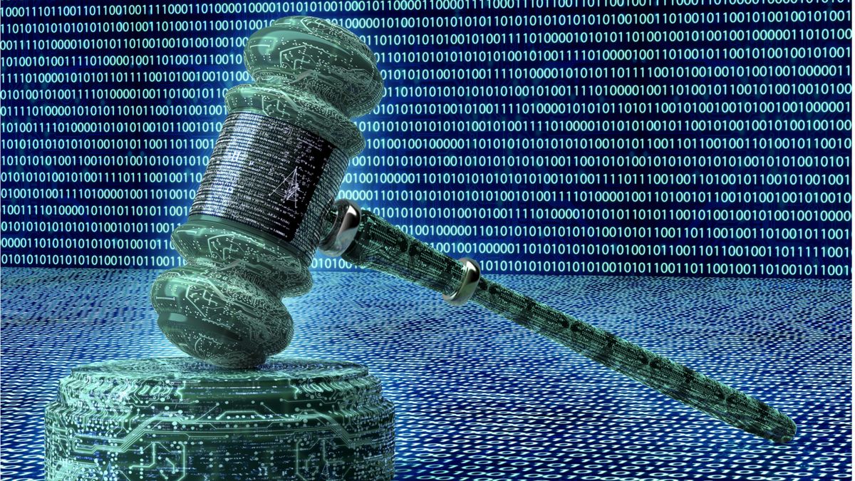 Cyber gavel on a data flow background