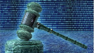 Cyber gavel on a data flow background