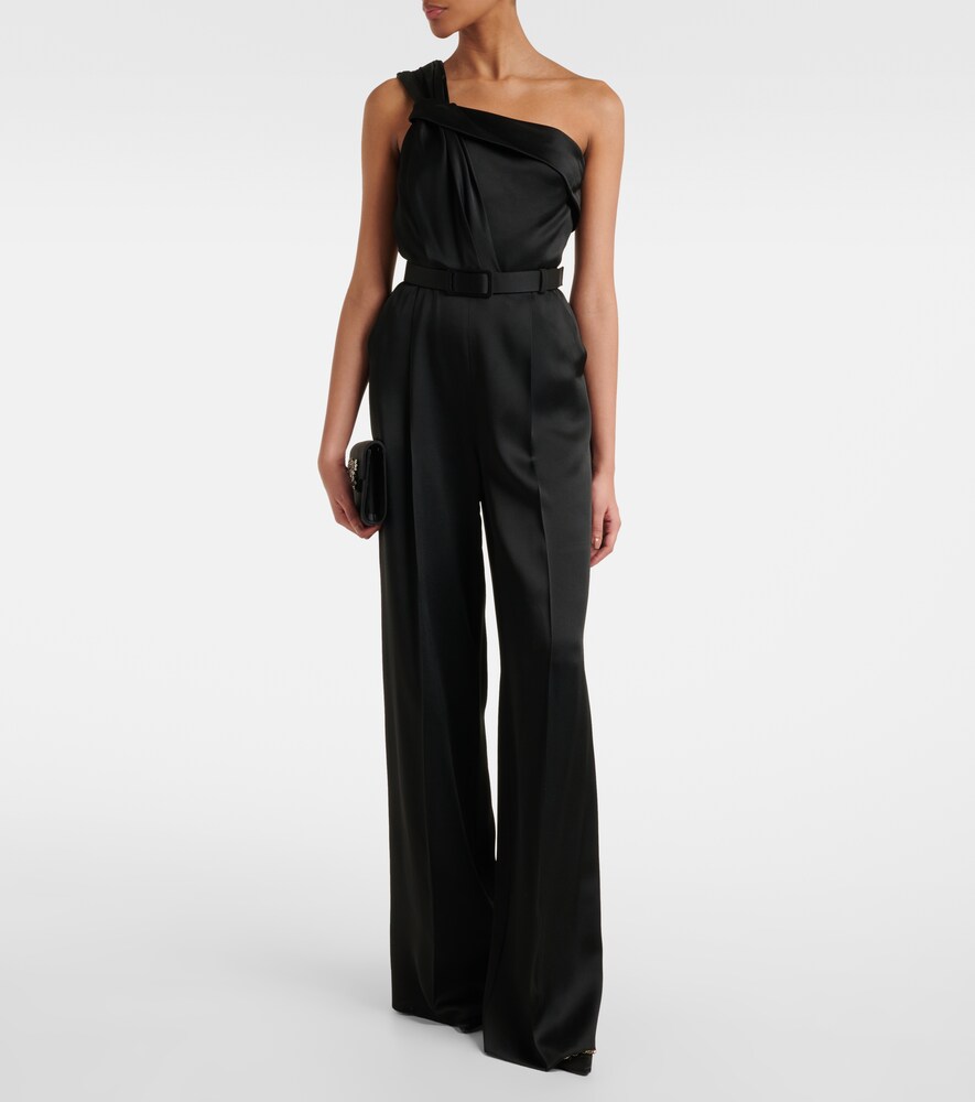Gioire Belted One-Shoulder Satin Jumpsuit