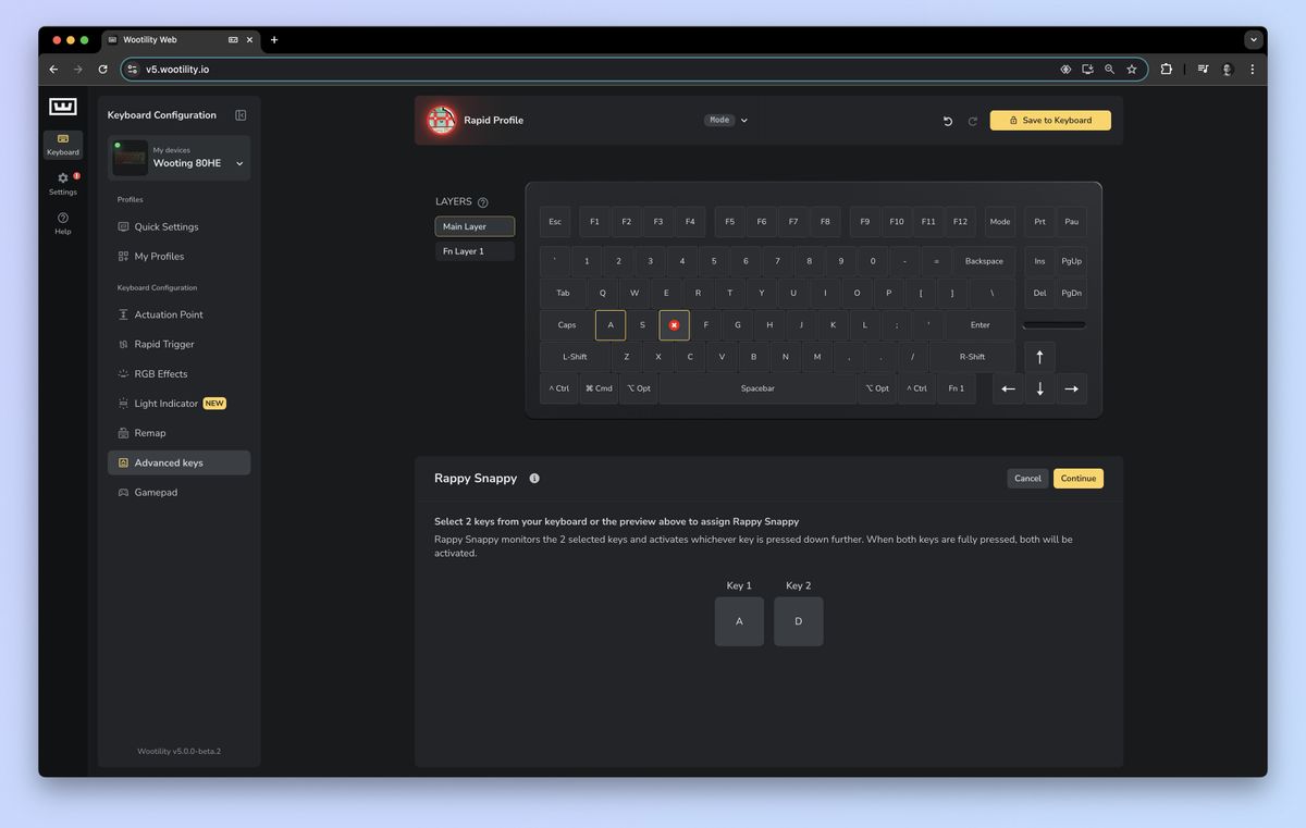 The Wootility.io app being used to customize the Wooting 80HE