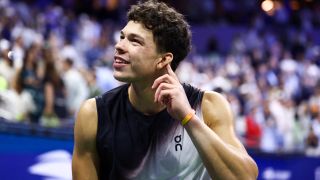 USA's Ben Shelton reacts after his victory over USA's Frances Tiafoe during the men's singles semi-final tennis match on day thirteen of the US Open tennis tournament