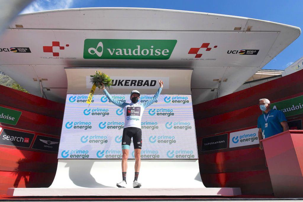 LEUKERBAD, SWITZERLAND - JUNE 10: Lucas Hamilton of Australia and Team Bikeexchange White Best Young Rider Jersey celebrates at podium during the 84th Tour de Suisse 2021, Stage 5 a 175,2km stage from Gstaad to Leukerbad 1385m / #UCIworldtour / @tds / #tourdesuisse / on June 10, 2021 in Leukerbad, Switzerland. (Photo by Tim de Waele/Getty Images)