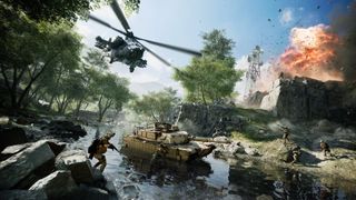 Battlefield 2042 tips - a landscape depicting soldiers and a tank navigating down a stream whilst a helicopter lingers overhead in