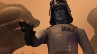 Grand Admiral Thraw (a humanoid with striking blue skin, short dark hair and red eyes) is wearing a large helmet and is pointing a blaster downwards, ready to shoot.