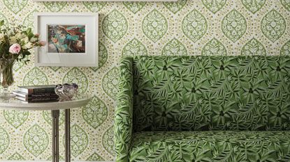 Nina Campbell on using green in interior design, green wallpaper and chair in living room