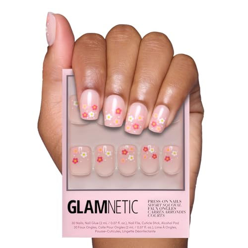 Glamnetic Press on Nails - Pretty Bloom | Short Squoval Nails With Flower Accents, Reusable Stick on Fake Nails With Glue | Love in Bloom Valentine’s Nails | 15 Sizes - 30 Nail Kit With Glue