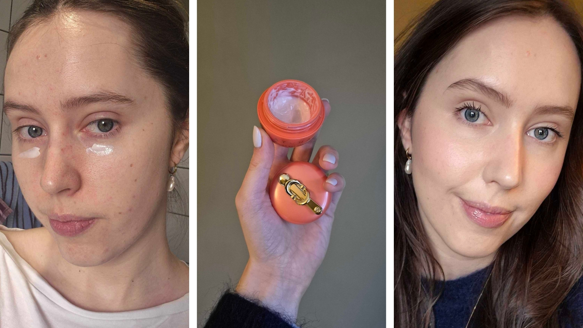 On the left, is a close-up of Digital Beauty Writer, Naomi Jamieson with two swipes of Tatcha's The Brightening Eye Cream applied to her under-eyes, followed by a picture of her holding the orange eye cream pot in her hand and finally, on the right is a picture of Naomi wearing the eye cream under a full face of makeup, to demonstrate how well it works under foundation.