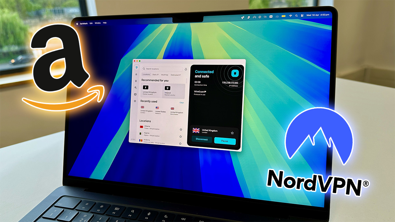 A Mac running NordVPN, with the Amazon and NordVPN logos superimposed over the top