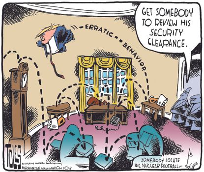Political cartoon U.S. Trump security clearance nuclear football erratic behavior