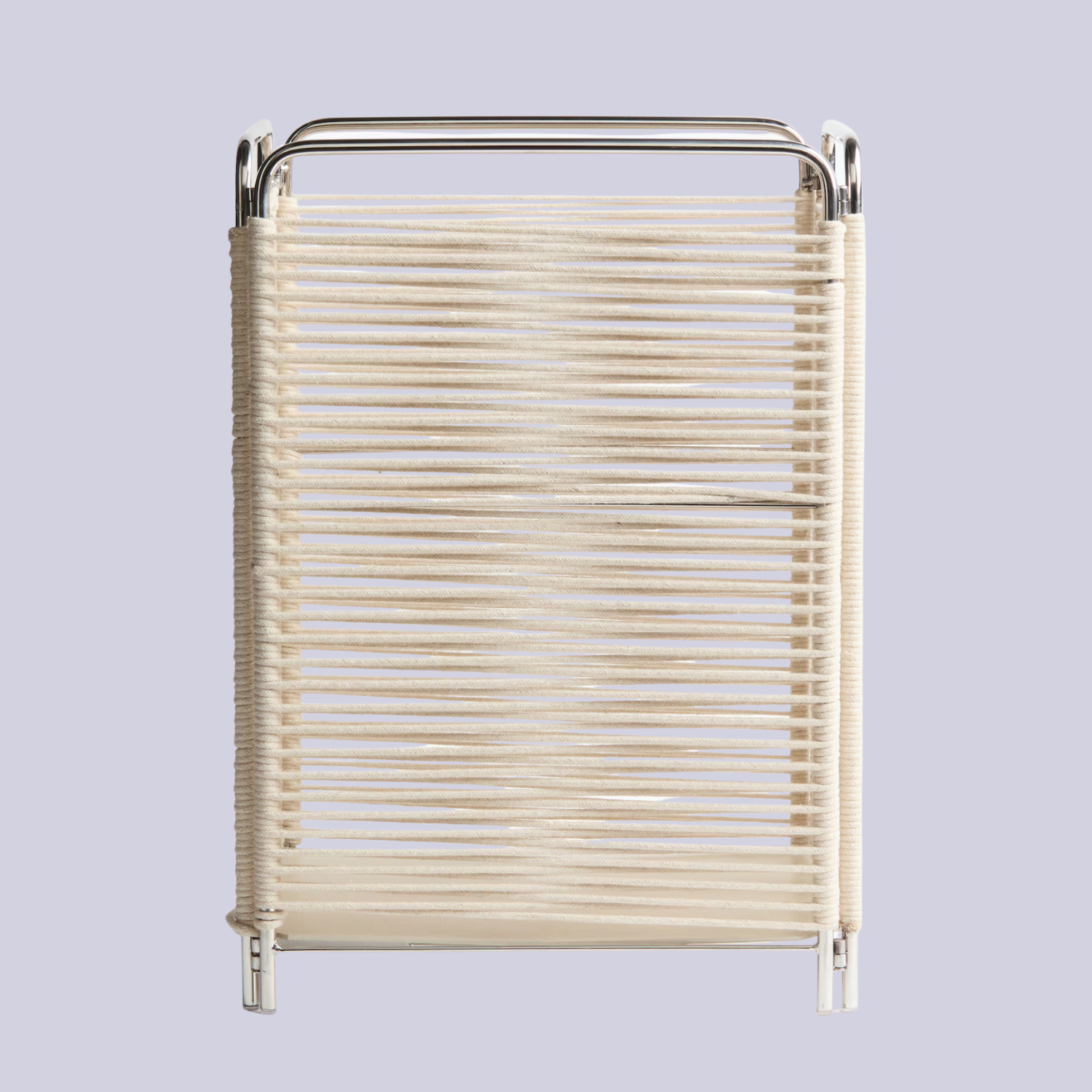 A white rope and stainless steel basket