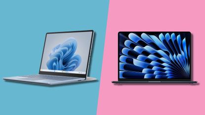 two laptops against a split blue and pink background