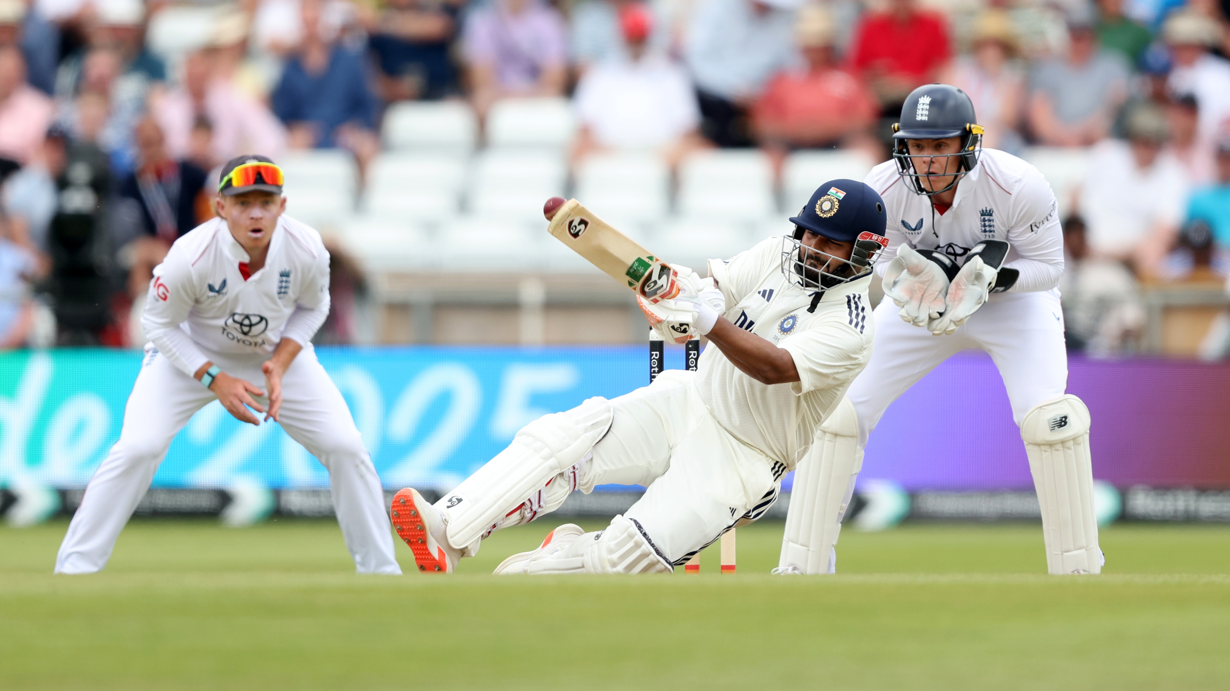 Rishabh Pant of India bats during Day Two of the 1st Rothesay Test Match between England and India at Headingley on June 21, 2025 in Leeds, England