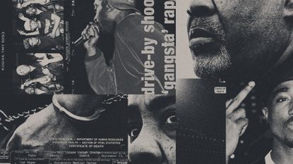 Photo collage illustration of Tupac Shakur, Duane Davis, text from newspaper headlines and Shakur's death certificate