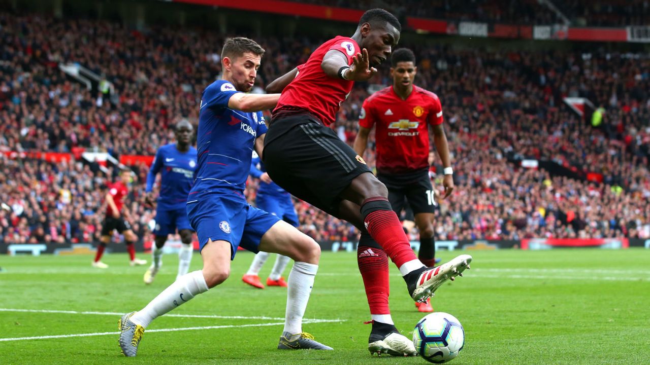 Manchester United midfielder Paul Pogba in action against Chelsea’s Jorginho