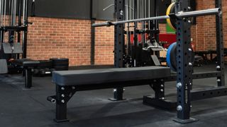 Again Faster Competition Flat Bench 2.0 set up in a squat rack in a gym