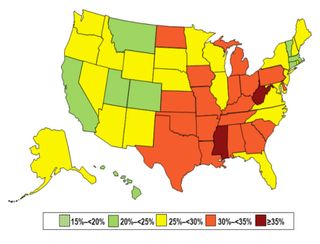 A map of adult obesity rates in the United States in 2013.