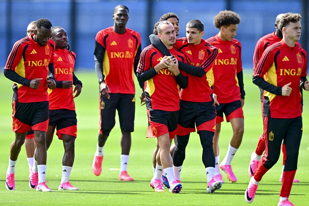 Belgium's Arthur Theate and Belgium's Matias Fernandez-Pardo pictured during a training session of Belgian national soccer team Red Devils in their base camp, home of the Seattle Sounders, Renton