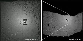 The shadow of Hayabusa, along with a target marker (circled, at left), is shown on asteroid Itokawa in November 2005.