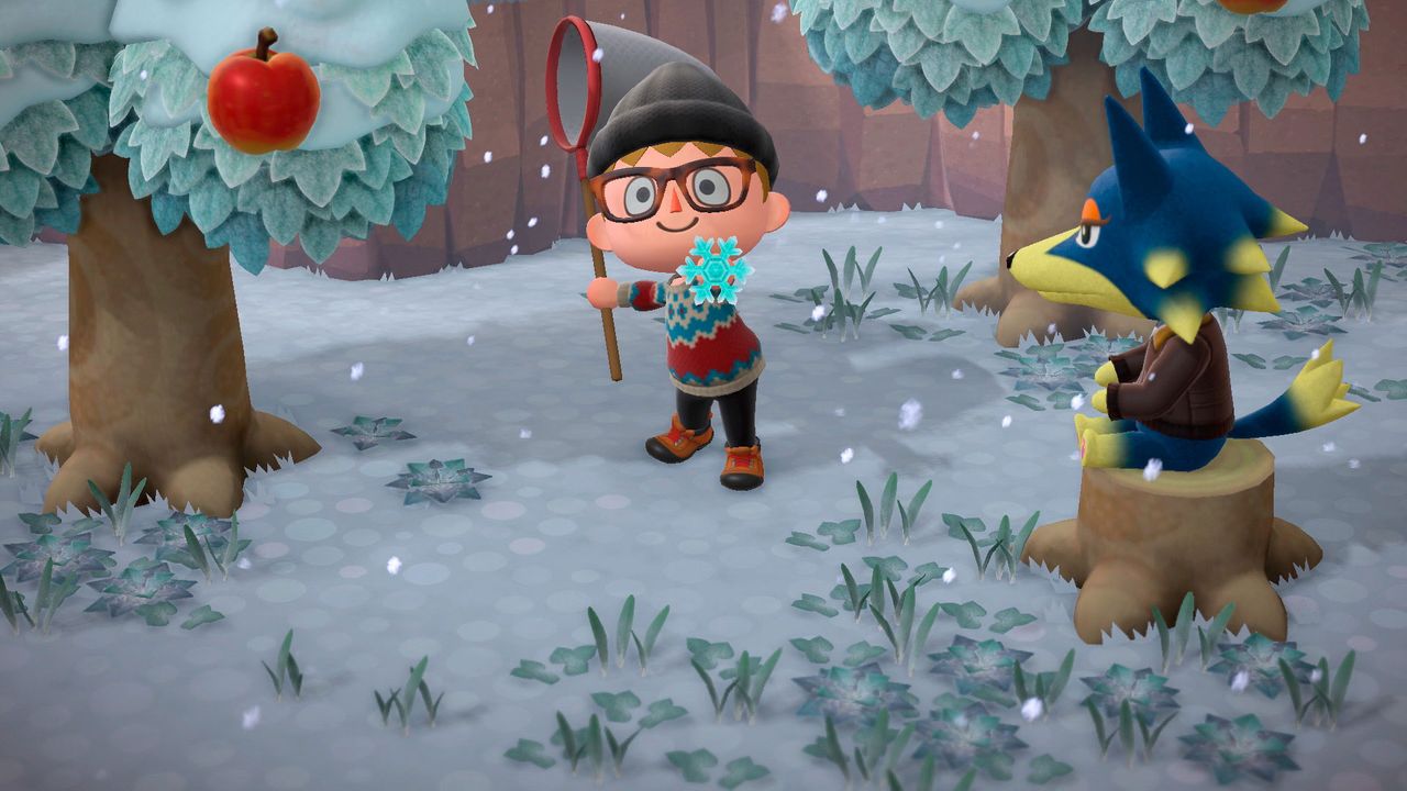 Screenshot from Animal Crossing New Horizons showing a character holding up a snowflake on a snowy day.