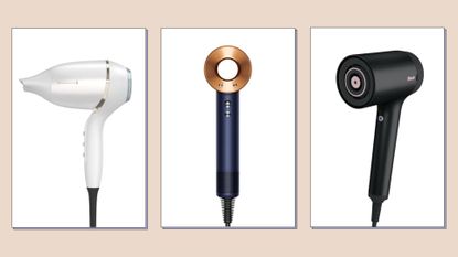 A collage of the best hair dryers from Remington, Dyson and Shark / in a cream template