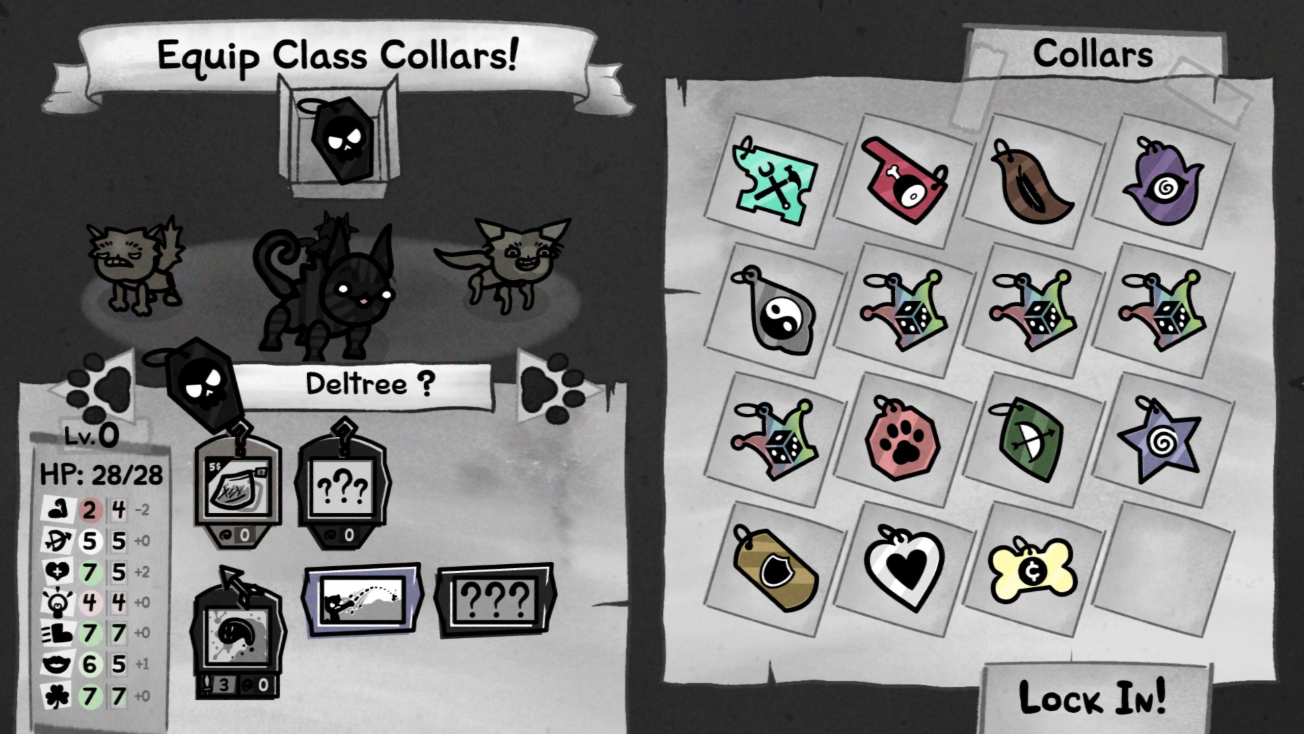 Mewgenics classes: The Necromancer class in the collar selection menu, showing the impact of the collar on the stats of the cat.
