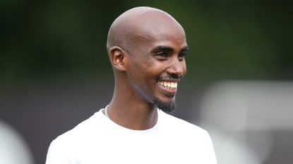 Sir Mo Farah of England reacts prior to Soccer Aid For Unicef 2021 training at Mottram Hall on September 02, 2021 in Wilmslow, England. 