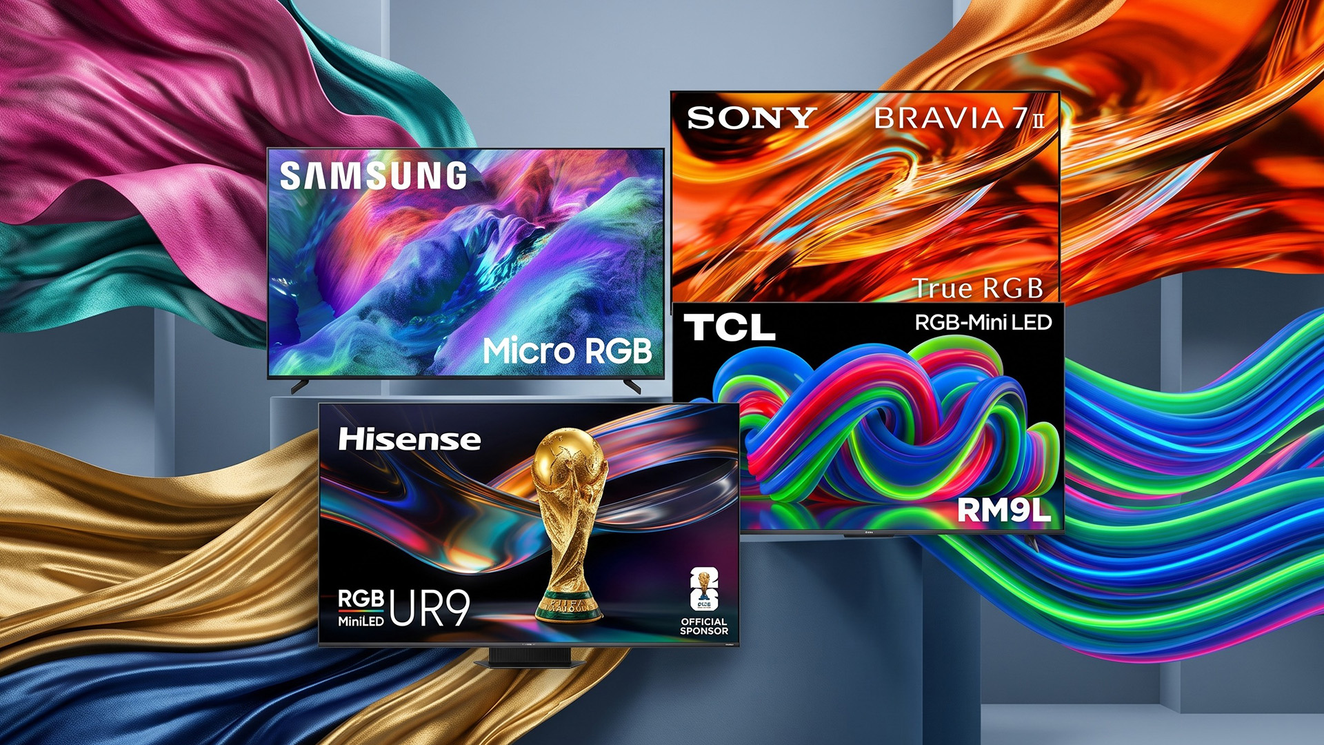 A selection of Samsung, Sony, TCL, Hisense TVs on a colorful background.