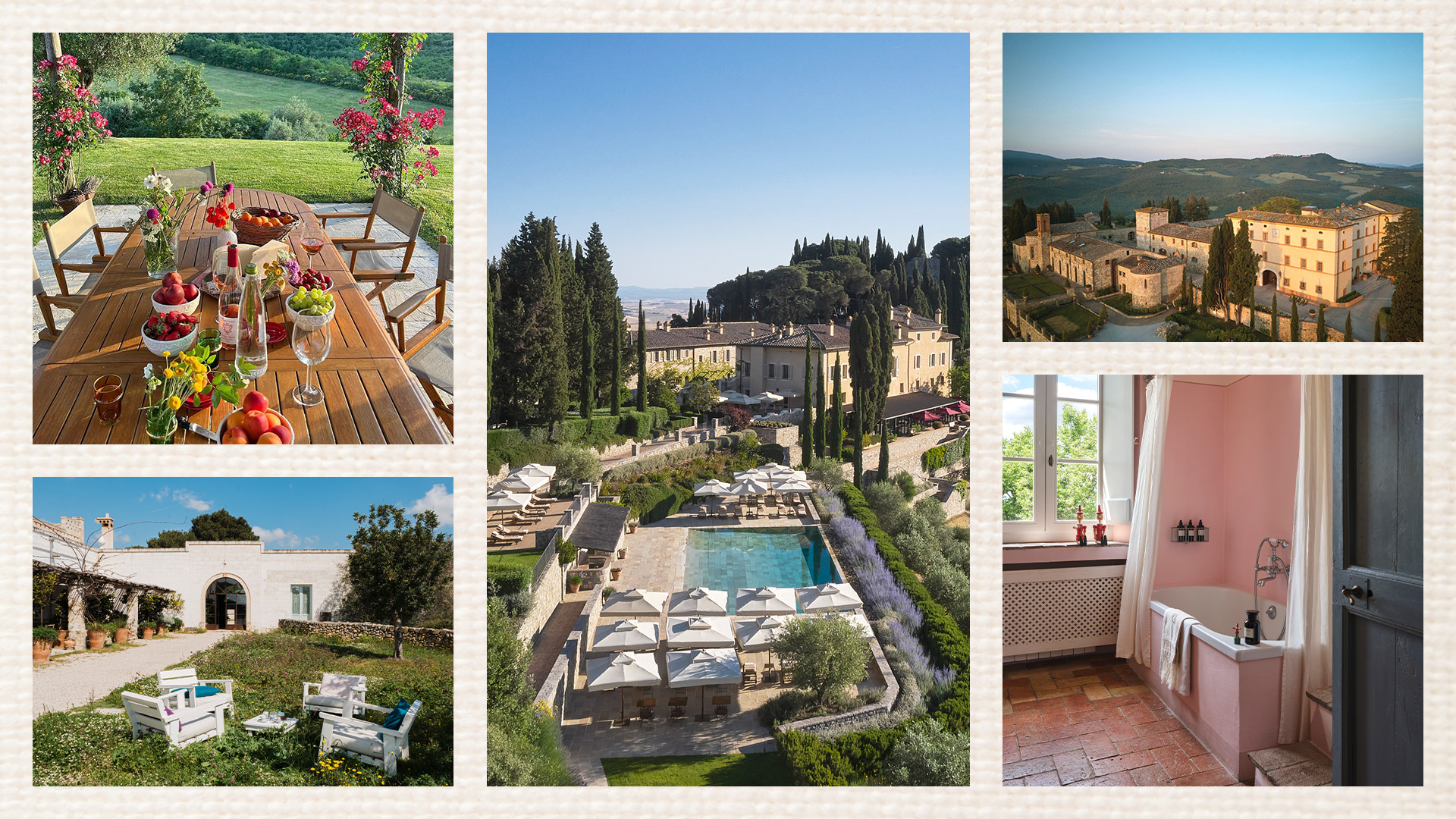 A collage of luxury farmstay hotels in Italy