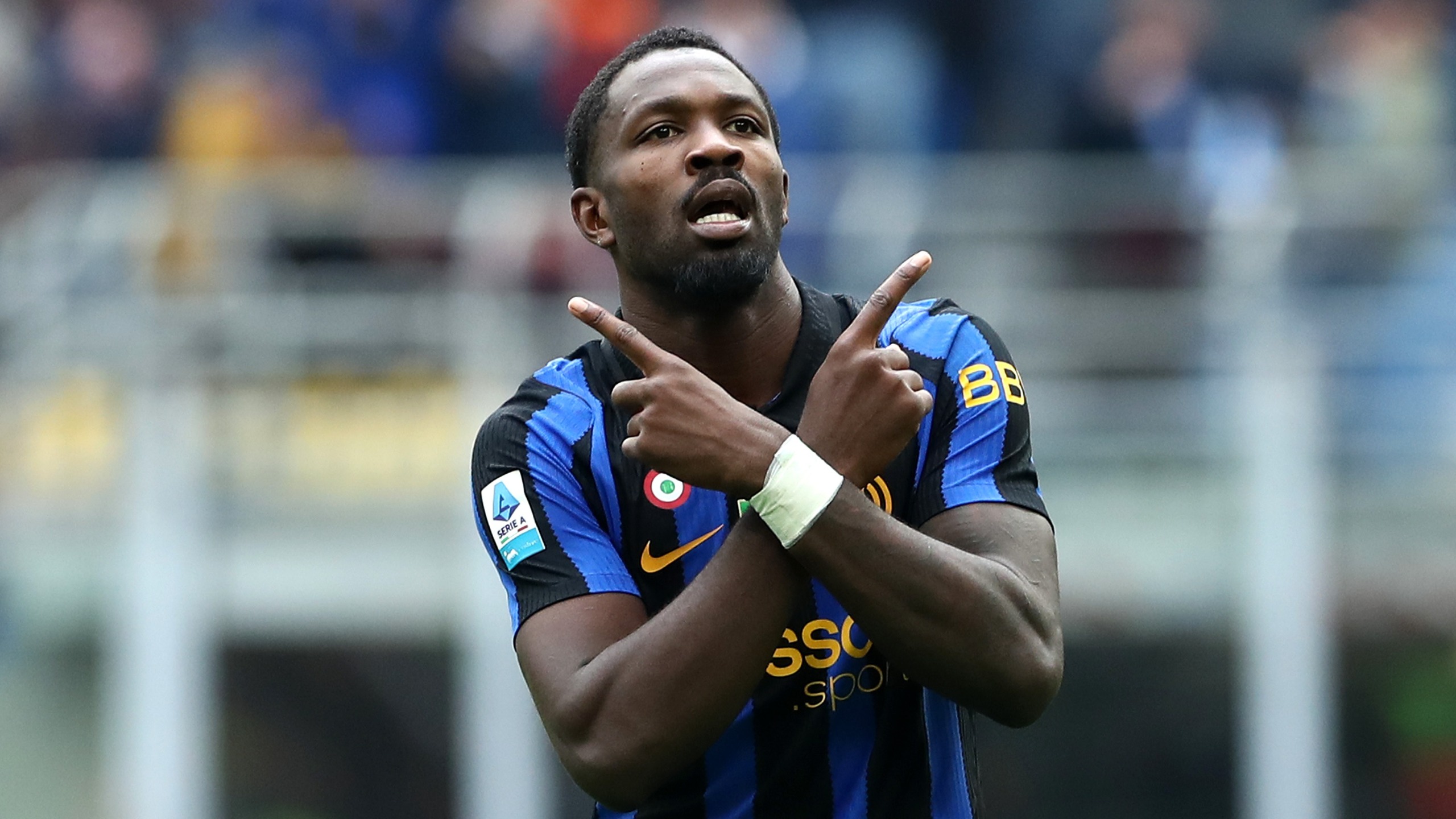 Marcus Thuram of FC Internazionale Milano celebrates scoring his team&rsquo;s first goal during the Serie A match between FC Internazionale and ACF Fiorentina