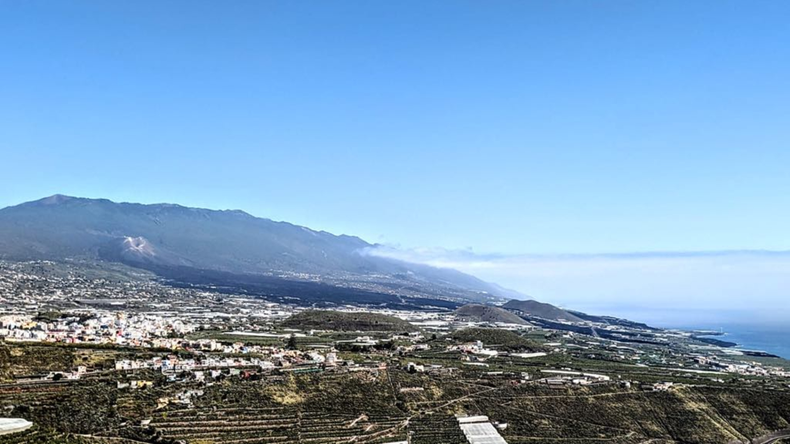 A photo of the La Palma countryside with a giant black patch of lava covering a large area around a volcano