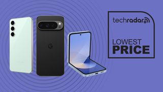 Three Android smartphones in front of a purple background