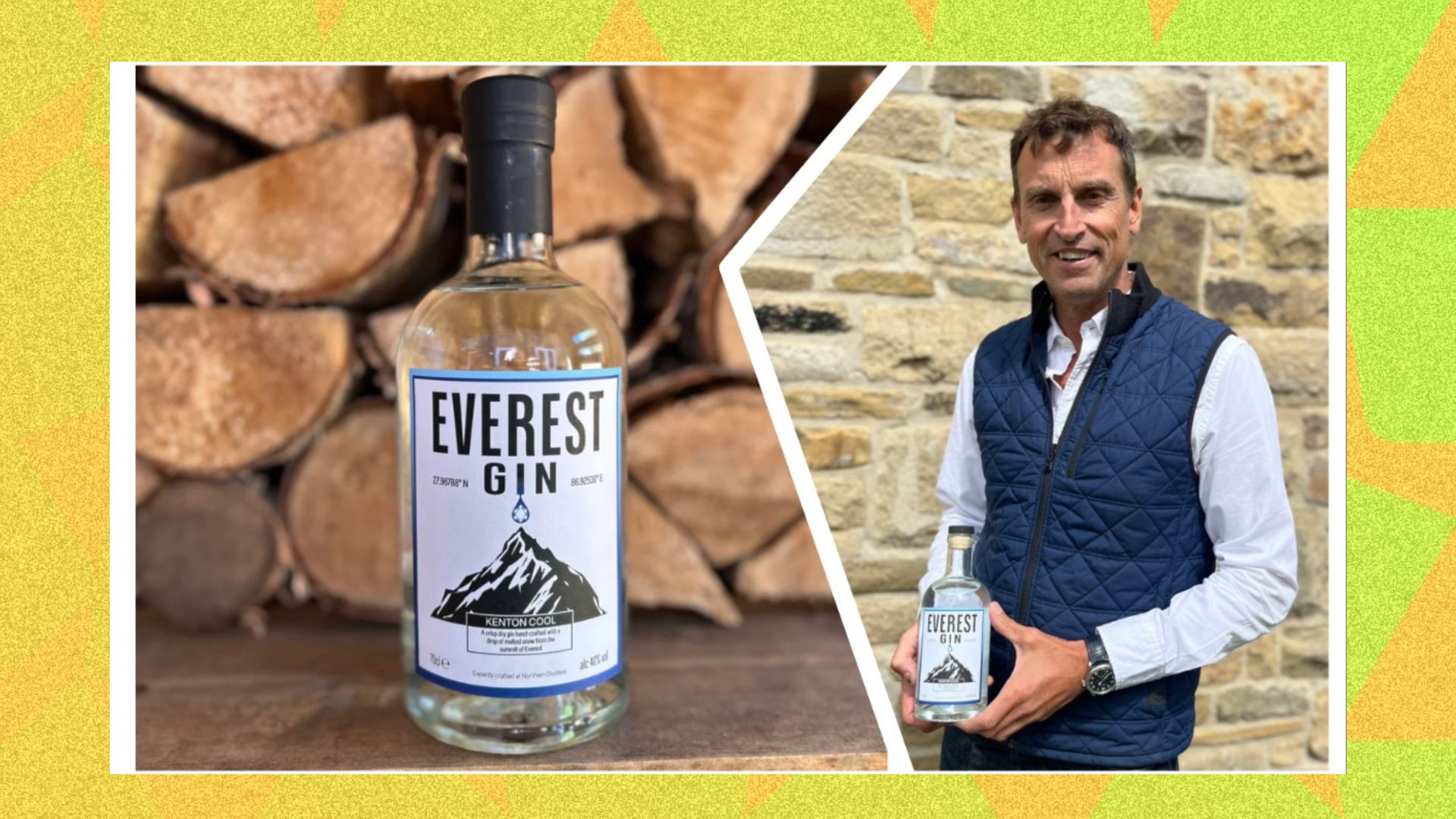an image of the everest gin bottle spliced with an image of climber and adventurer Kenton Cool on the right who is holding the gin bottle 