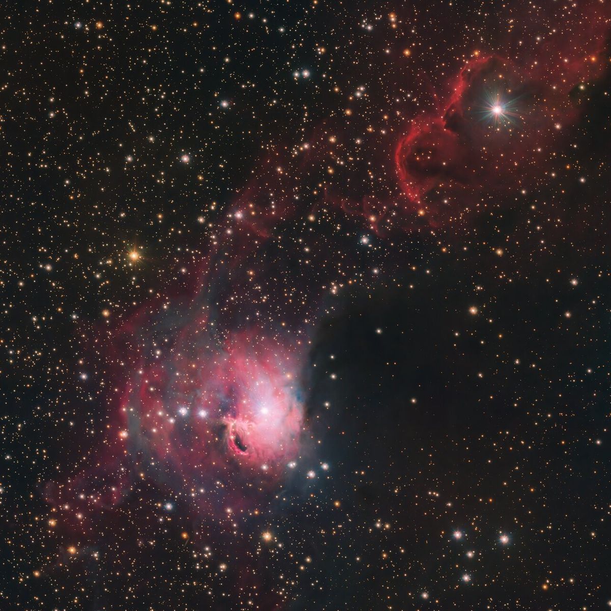 Brightly colored nebula known as Gum 3 glows red and pink, closely resembling a koi carp in the sky 