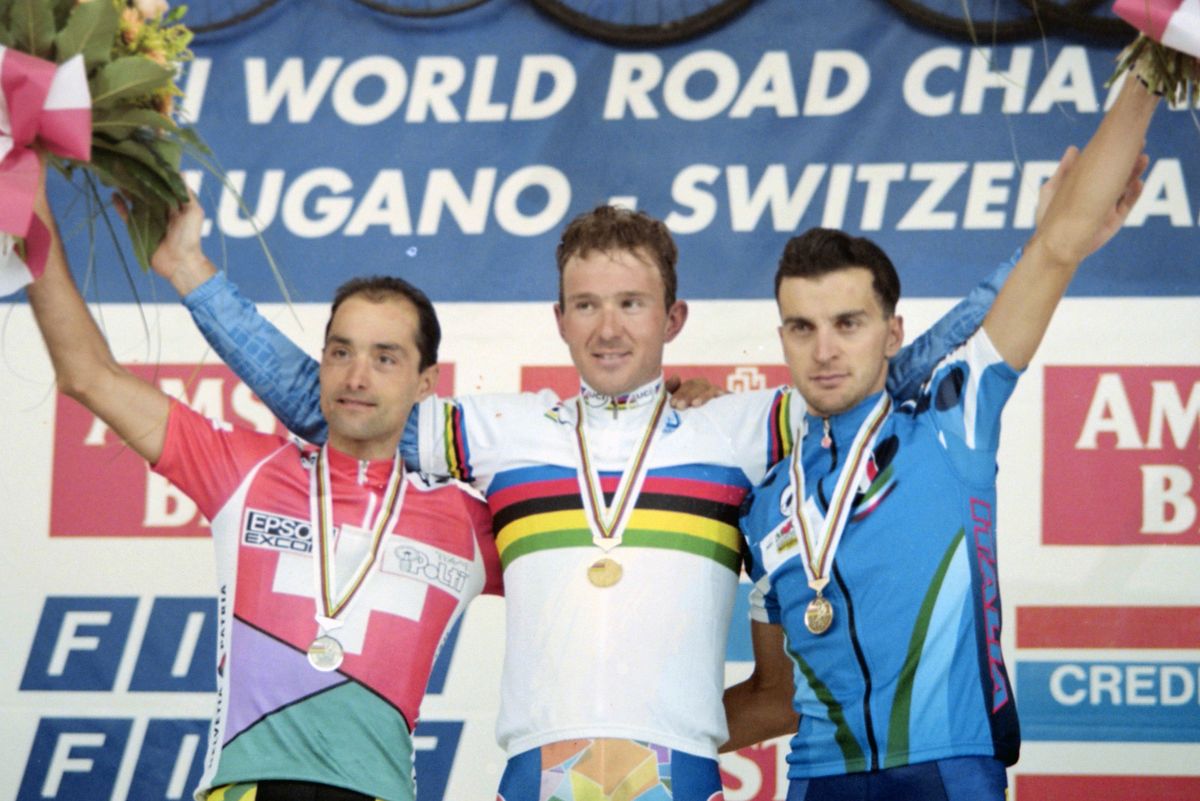 The podium of Mauro Gianetti, Johan Museeuw, and Michele Bartoli (L-R)
