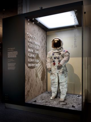 Neil Armstrong's Apollo 11 spacesuit still displays lunar dust stains from its two hours on the moon's surface in 1969.