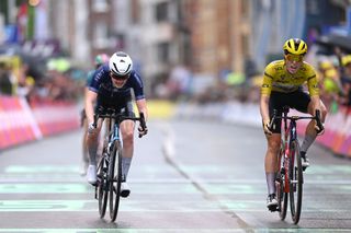 LIEGE BELGIUM AUGUST 14 Stage winner Puck Pieterse of The Netherlands and Team FenixDeceuninck and Demi Vollering of The Netherlands and Team SD Worx Protime Yellow Lader Jersey sprint at finish line during the 3rd Tour de France Femmes 2024 Stage 4 a 1227km stage from Valkenburg to Liege UCIWWT on August 14 2024 in Liege Belgium Photo by Dario BelingheriGetty Images