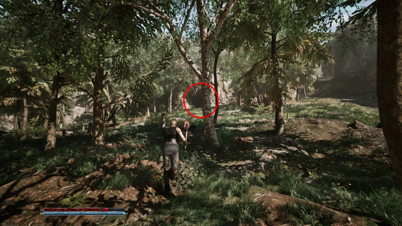 Gothic Remake Snaf's Recipe: A player looking at a cave in a forest, which is circled in red.